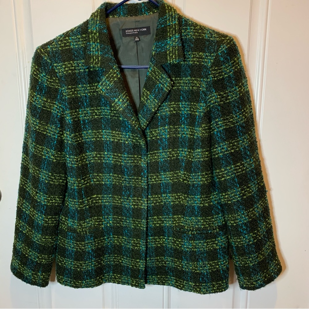 Jones New York Lined Wool Blend Plaid Tweed Blazer Jacket Sports Coat Hidden But